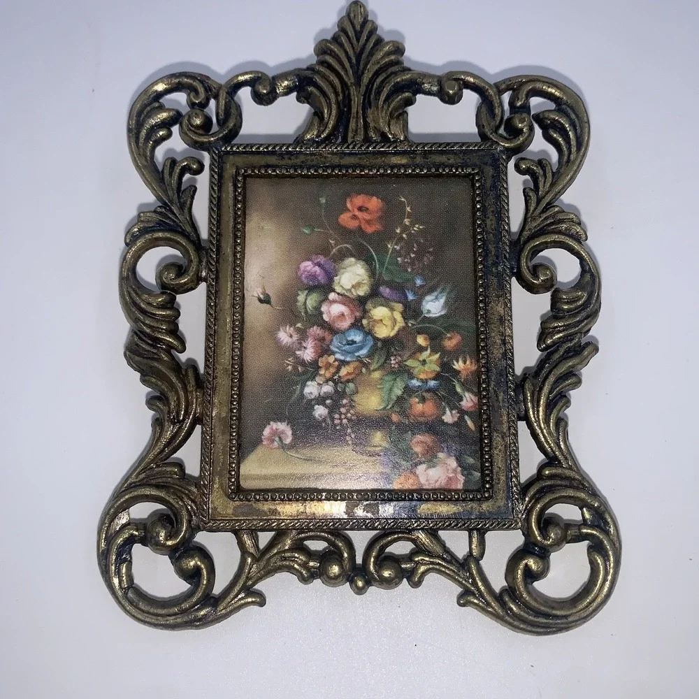 Vintage Italian Miniature Brass Frames Pair The Blue Boy And Floral 4